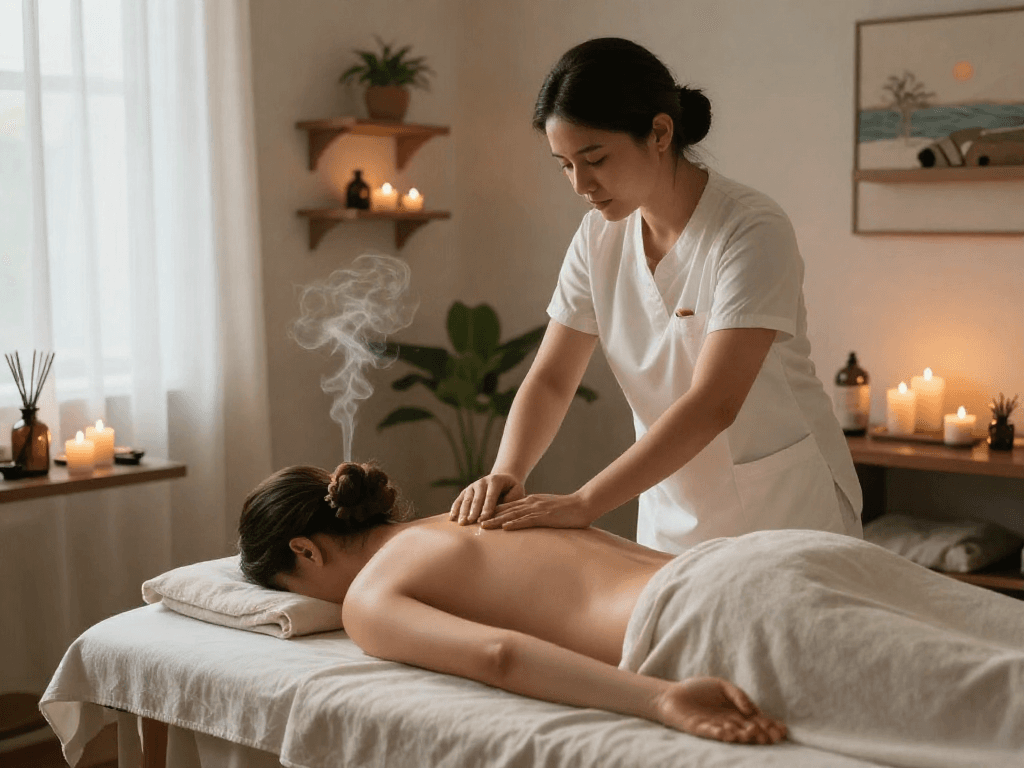 김포출장마사지 in a tranquil spa setting, featuring a professional therapist providing a soothing massage for ultimate relaxation.