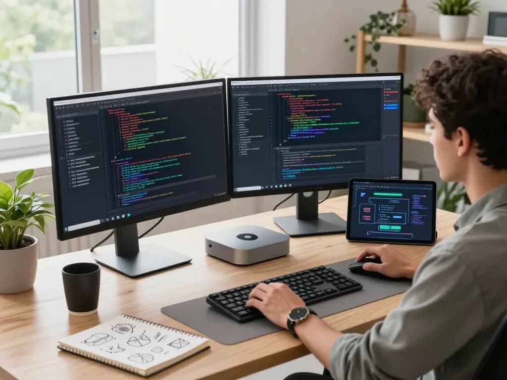 Developer utilizing a Mac mini in a modern workspace with monitors and tech tools.