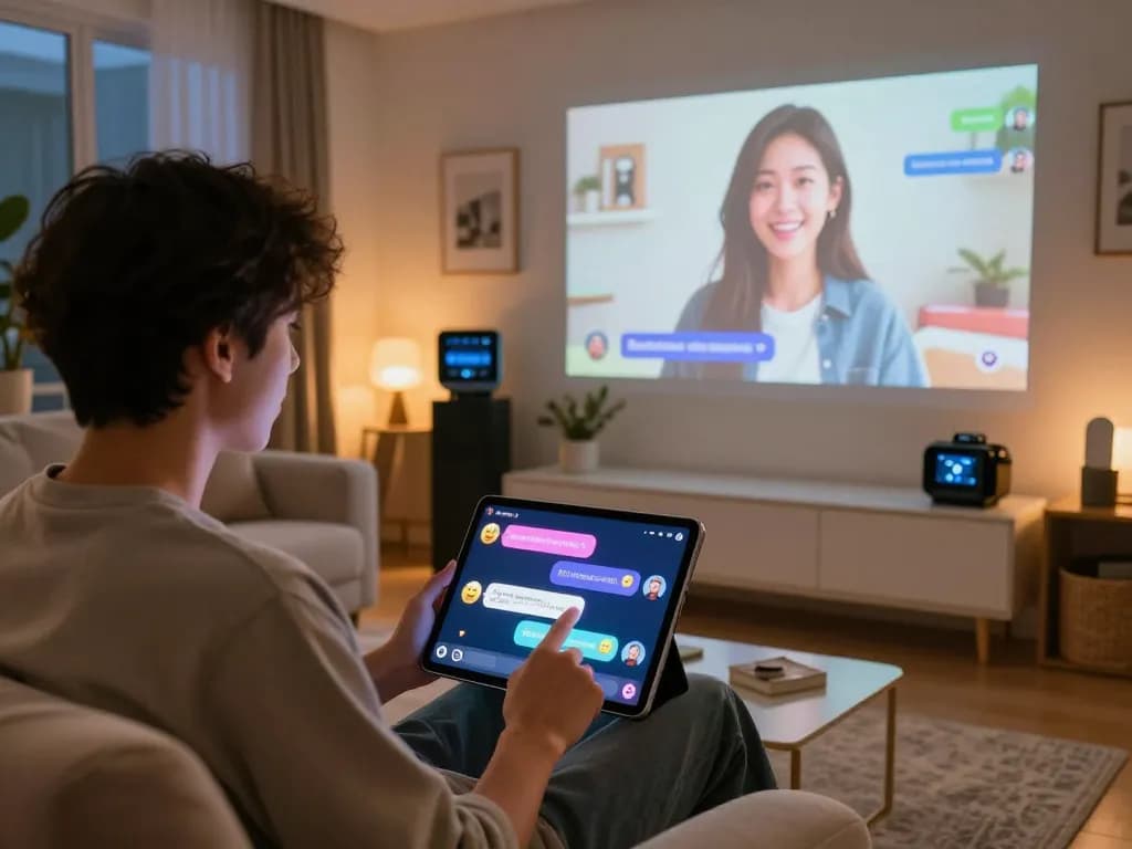Engaging user interacting with ai chat nsfw on tablet in cozy living room.