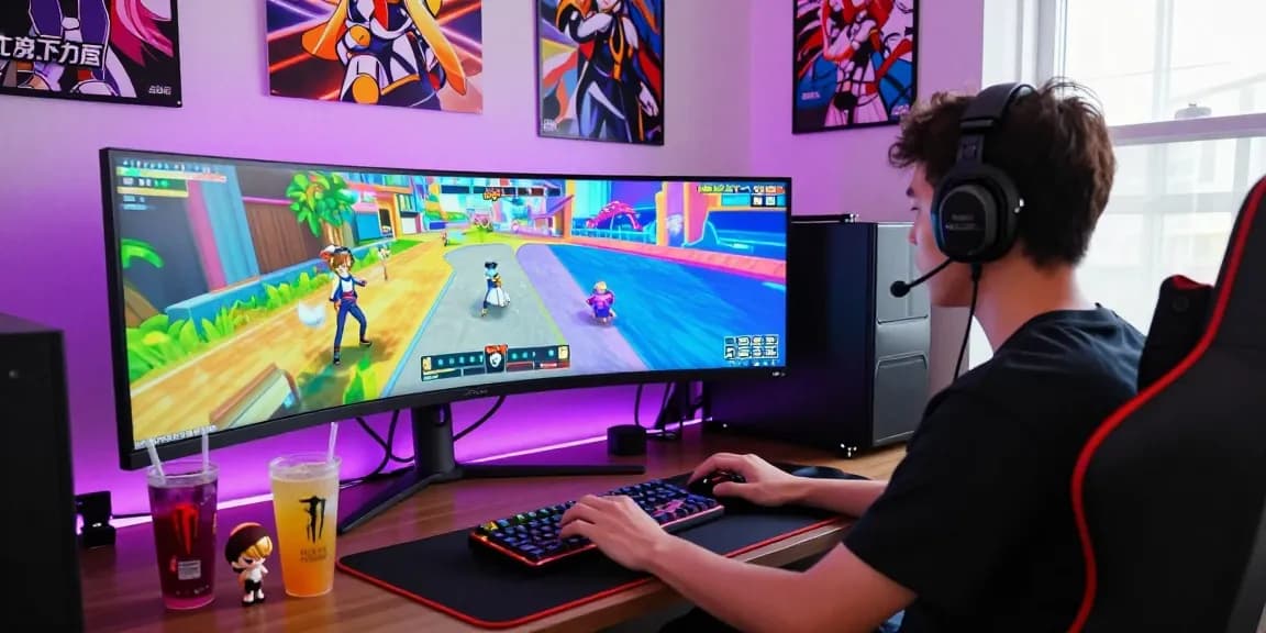 Playing an exciting hentaigame in a vibrant gaming room filled with anime decor and energy drinks.