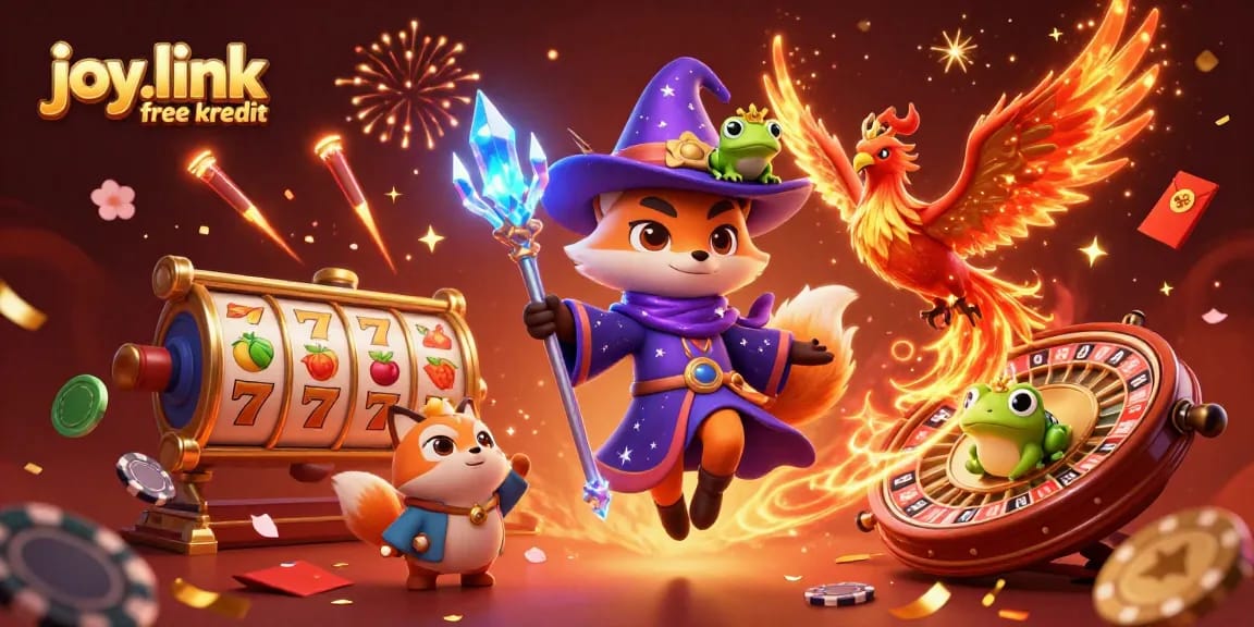 Experience excitement with joy.link free kredit in a vibrant casino-themed 3D rendering filled with magical characters.