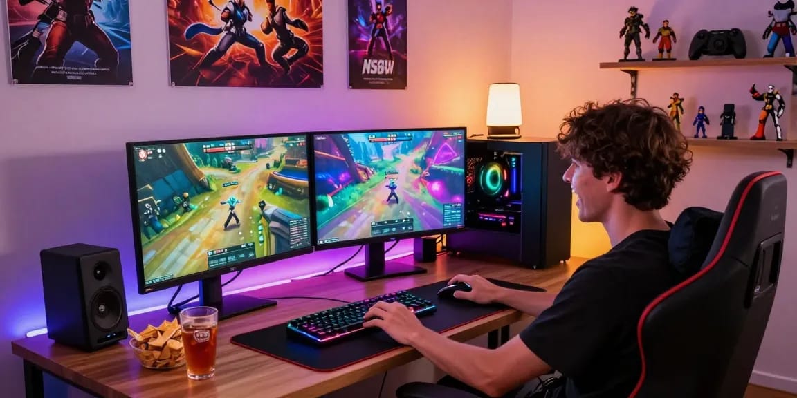 Engaged gamer immersed in playing NSFW APK games with vibrant setups.
