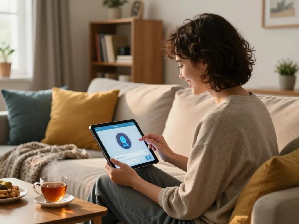 Person enjoying ai sex chat on a tablet in a cozy living room with modern decor.
