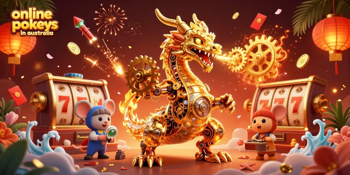 Experience thrilling wins with online pokies in Australia showcased in a vibrant 3D casino scene.