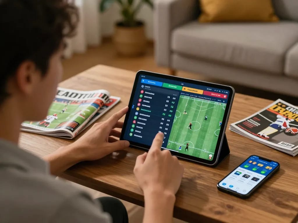 Analyzing keo nha cai on a tablet during sports betting session at home