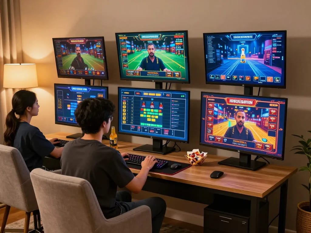 Player analyzing odds on CM88 online gaming setup with multiple screens displaying casino games.