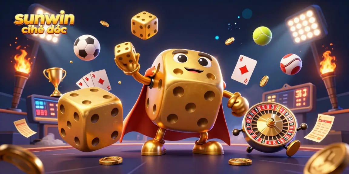 Engage with sunwin chính thức in a vibrant 3D carnival of golden dice and sports elements.