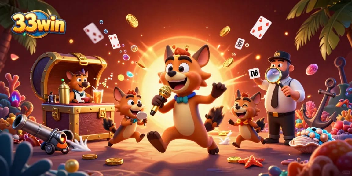 Engage in exciting gaming adventures with 33win's vibrant casino illustration featuring interactive characters.