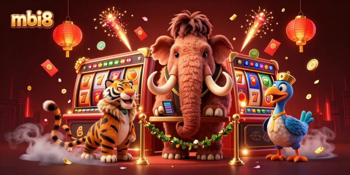 Experience the exciting ambiance of mbi8 casino with vibrant slot reels and unique characters.