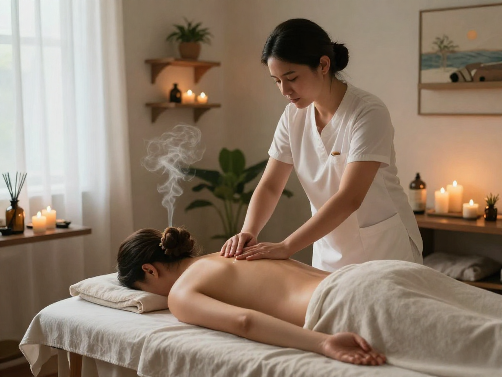 김포출장마사지 in a tranquil spa setting, featuring a professional therapist providing a soothing massage for ultimate relaxation.