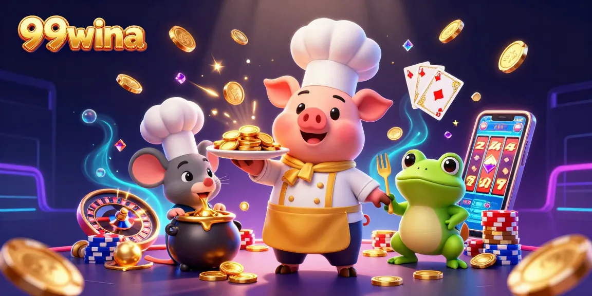 99wina showcases a vibrant casino scene with a chef pig serving gold coins, exciting game elements around.