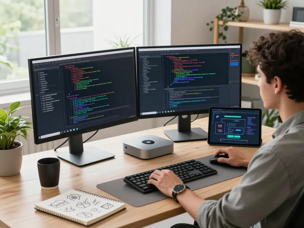 Developer utilizing a Mac mini in a modern workspace with monitors and tech tools.