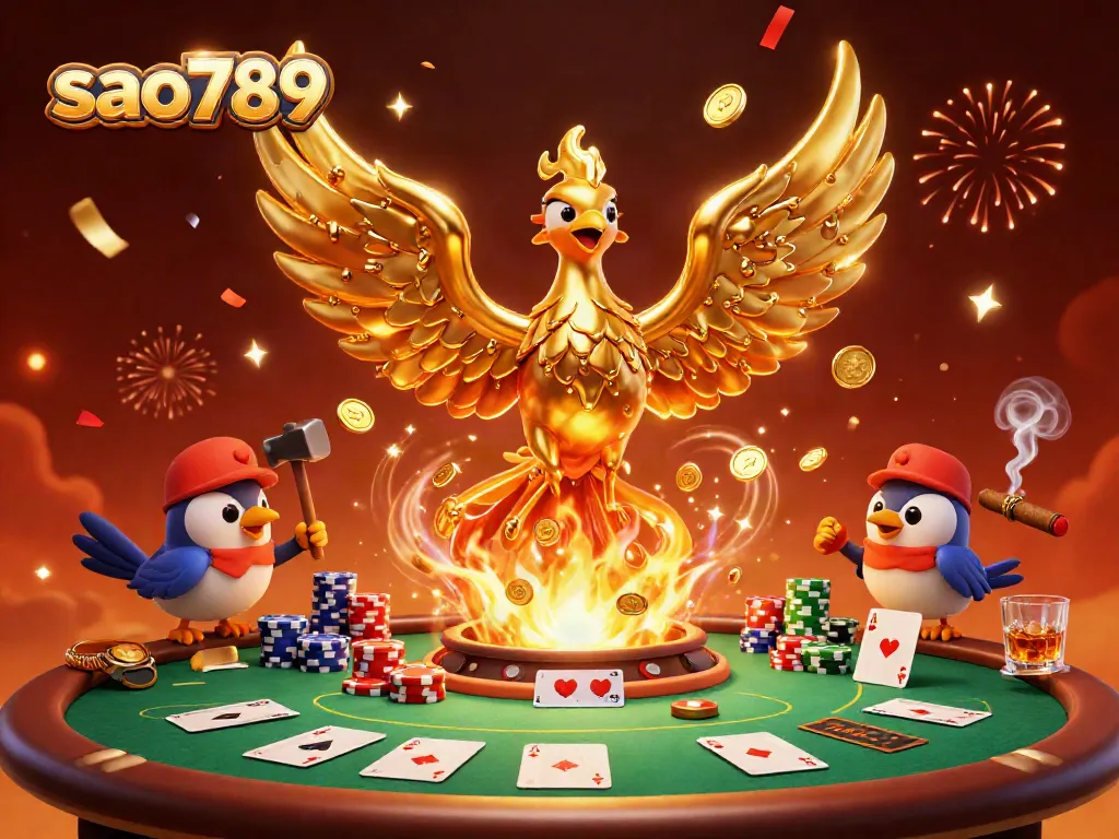 Experience thrilling gameplay at sao789 with a fiery phoenix symbolizing luck and prosperity amidst poker chips.