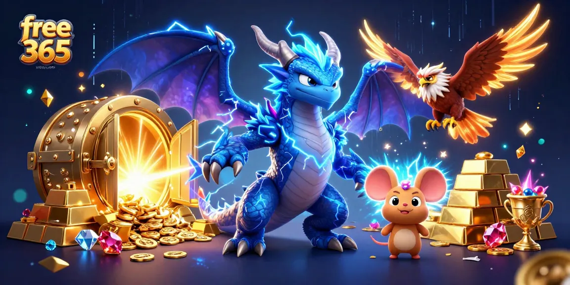 Experience the excitement of free credit 365 as the dragon and hawk explore a treasure-filled casino.