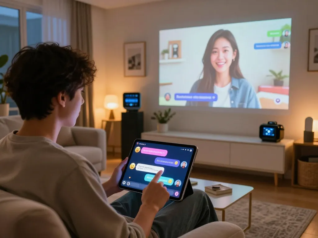 Engaging user interacting with ai chat nsfw on tablet in cozy living room.