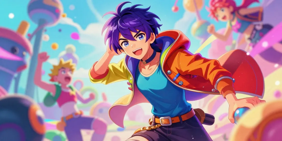 AI ecchi character illustration in vibrant anime art style with colorful background and playful elements.