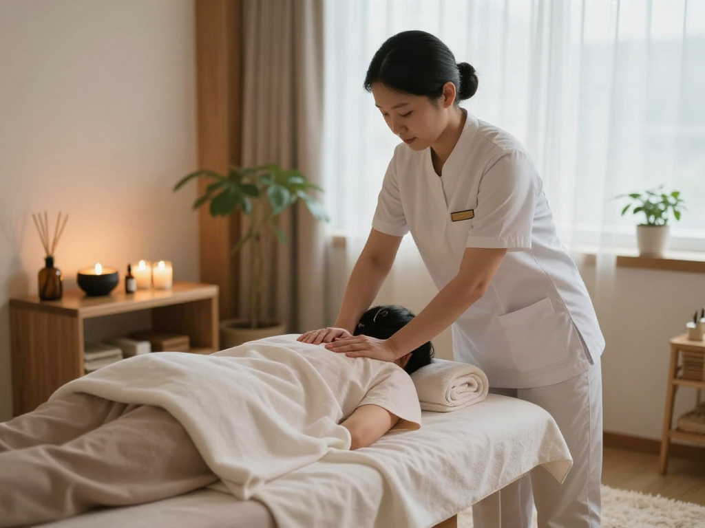 Relaxing massage scene highlighting 부평출장안마 services, with a therapist applying soothing techniques in a tranquil room.