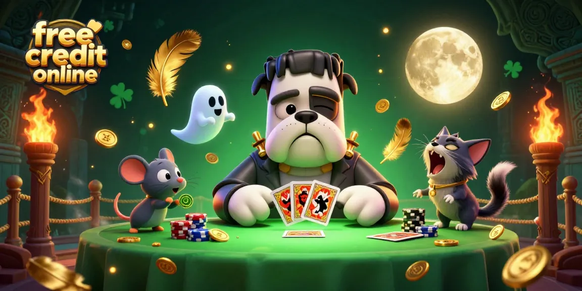 Engage with our vibrant free credit online scene featuring a Frankenstein bulldog dealing cards amidst gambling excitement.
