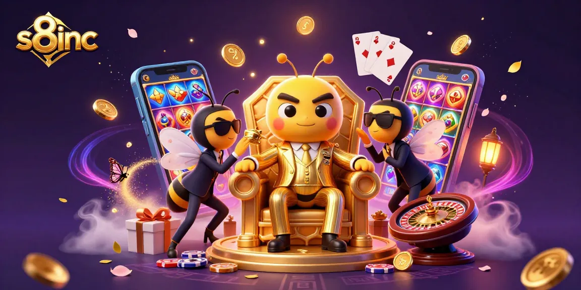 s8inc invites players to experience vibrant gambling action with a 3D bumblebee mob boss amid casino games.