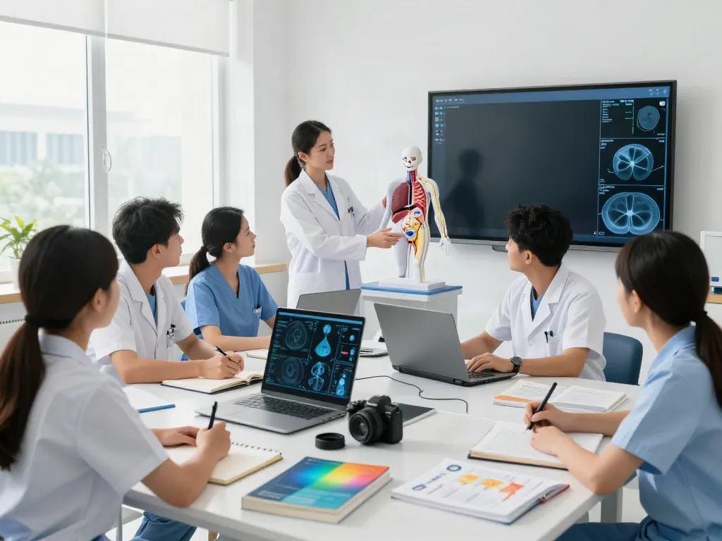 Students engaged in learning about rokok 88 medical imaging technology in a bright classroom setting.