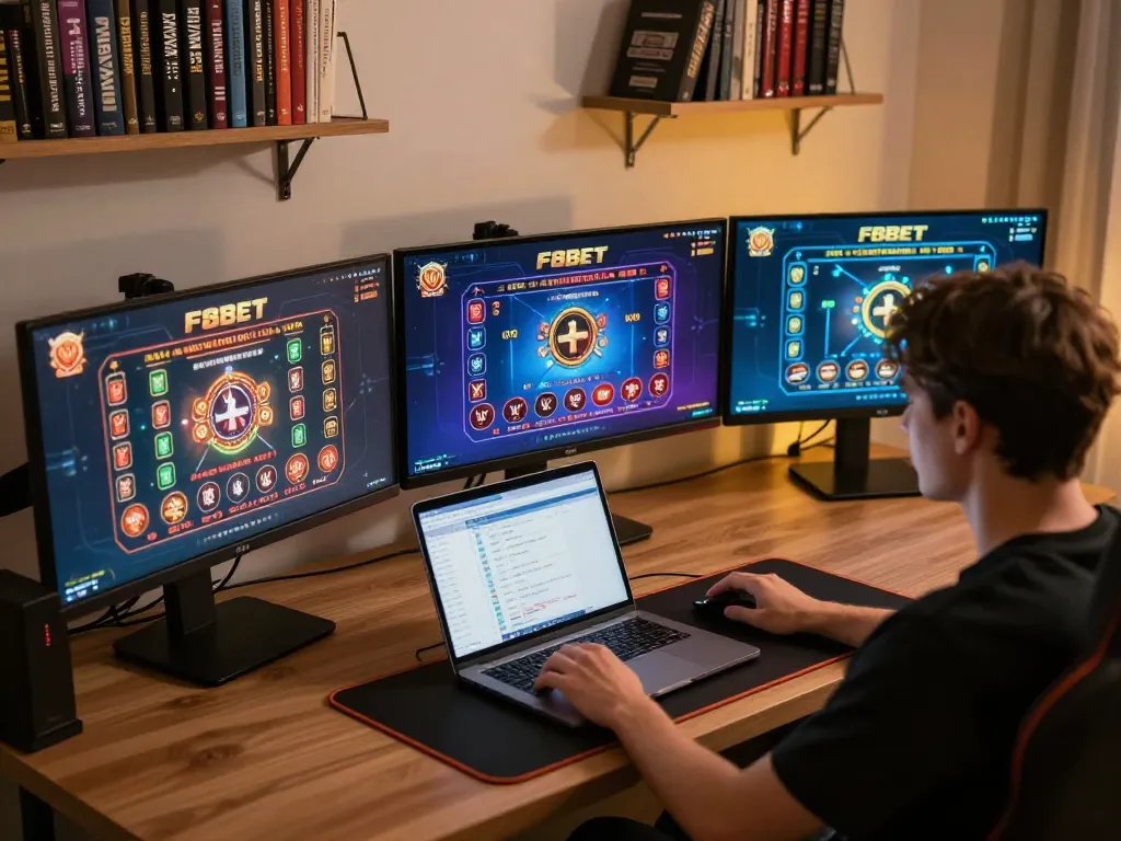 Engaging online gaming setup featuring F8BET LV with vibrant games displayed on screens