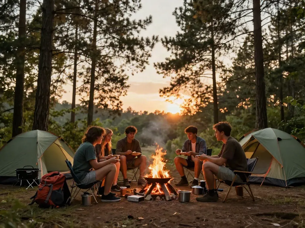 rokok88 camping gear gathering around warm campfire in forest
