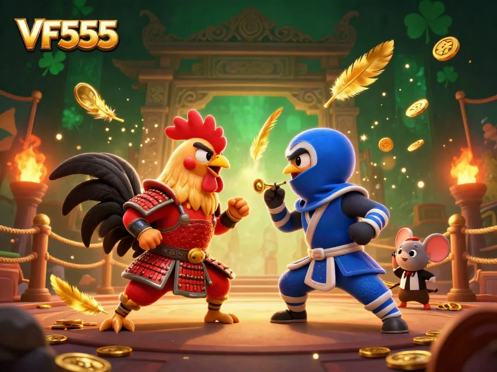 VF555 casino scene with cartoon roosters in combat surrounded by vibrant gambling symbols
