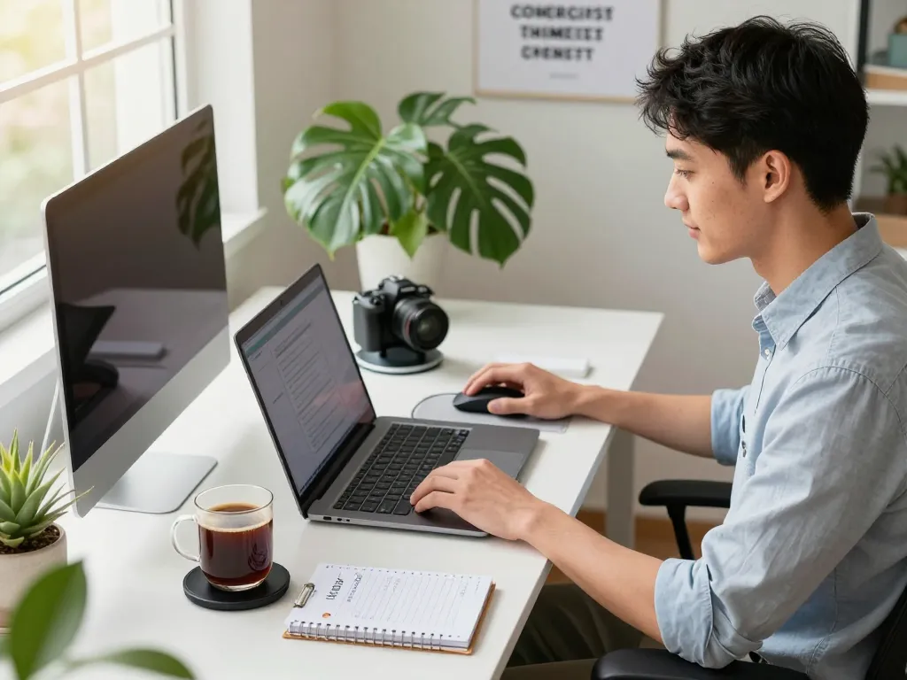 Tech gadgets for productivity in a modern home office with a professional using a laptop, Bluetooth keyboard, and smart coffee mug.