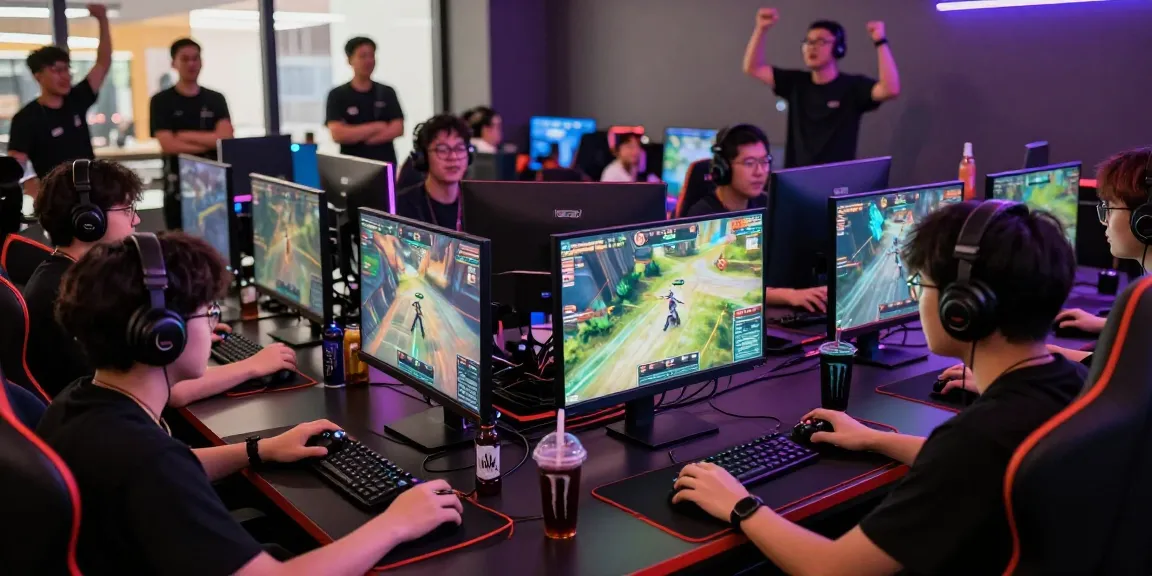 Competitive gamers engaged at https://www.sukan8a.com/ esports lounge with vibrant lighting and intense atmosphere.