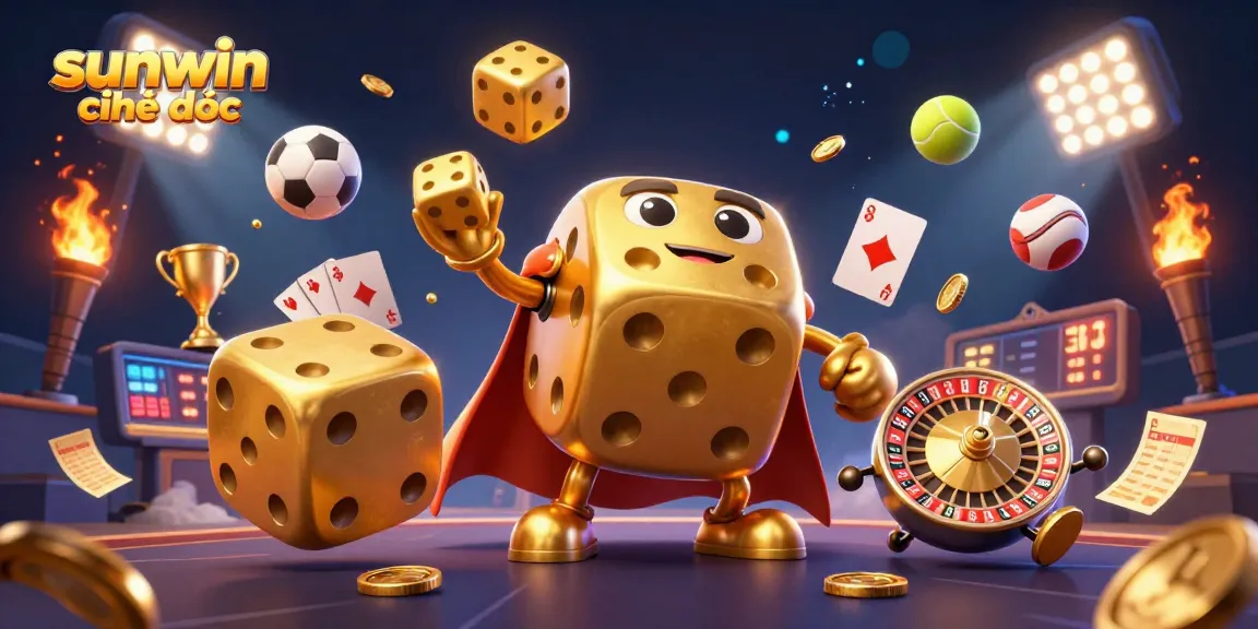 Engage with sunwin chính thức in a vibrant 3D carnival of golden dice and sports elements.
