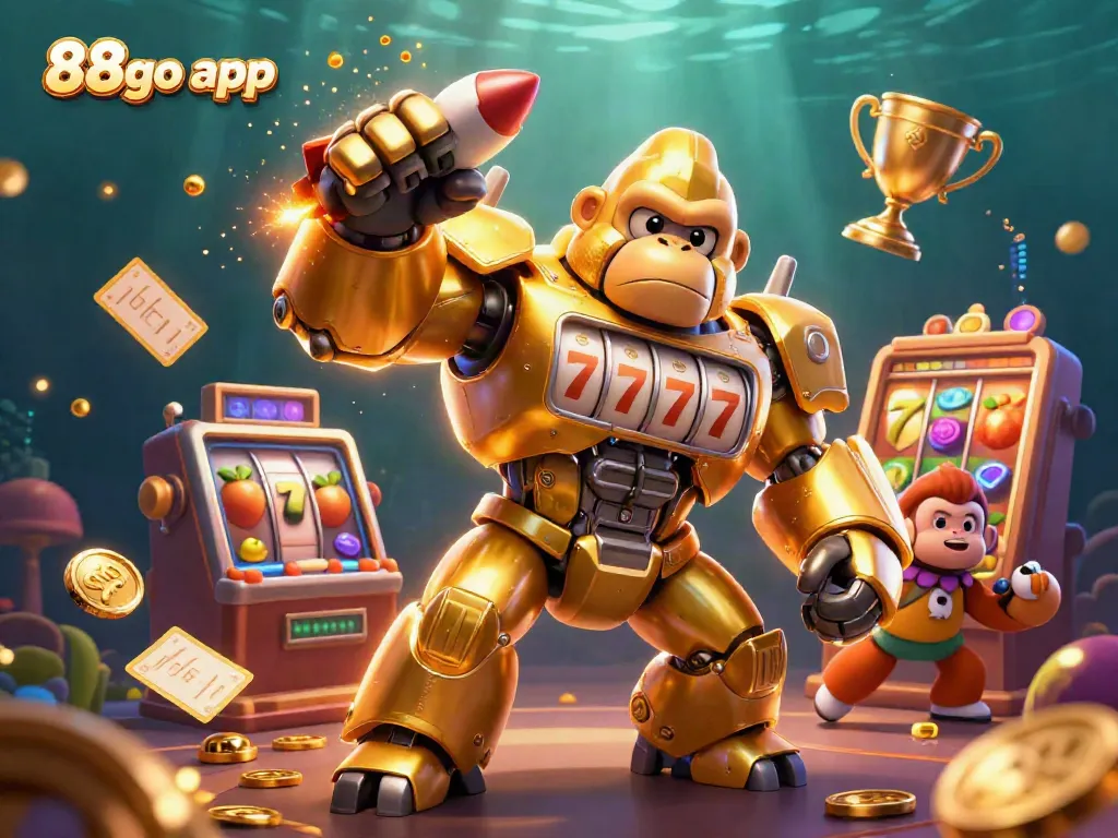 Engage with the exciting 88go app through a thrilling illustration of a golden gorilla mech surrounded by slot machine elements.