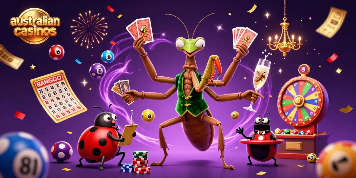 Immerse in vibrant scenes of australian online casinos with a 3D mantis dealer and lively game elements.