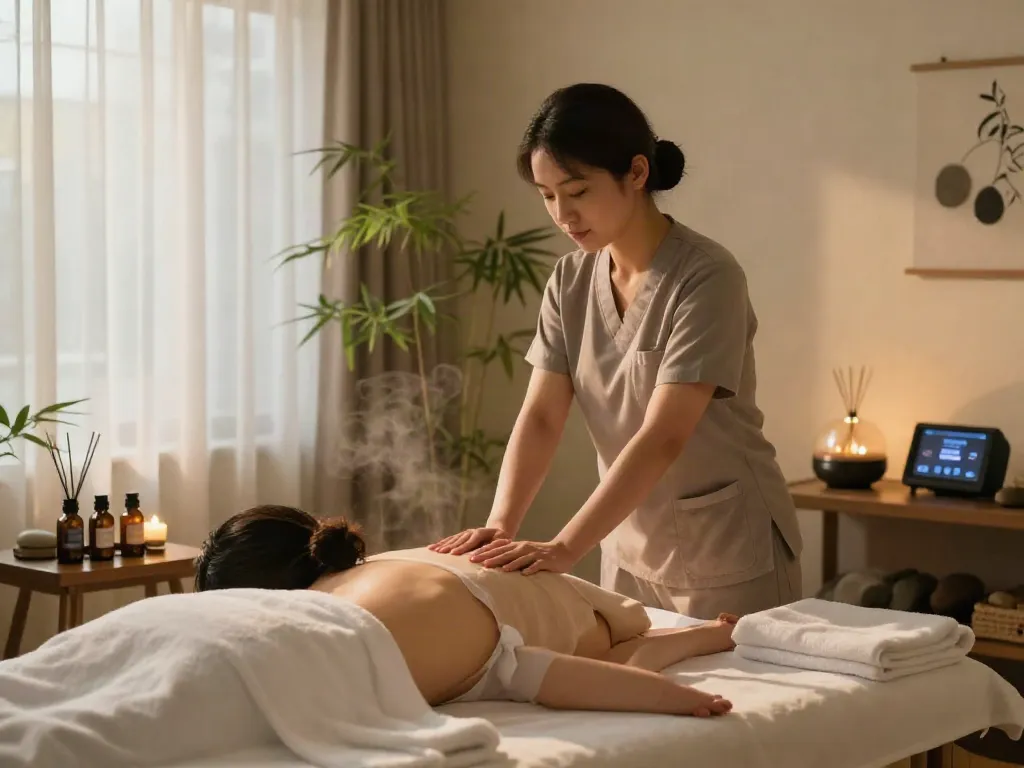 Relaxing 양주출장안마 session setup with therapist preparing a calming ambiance.