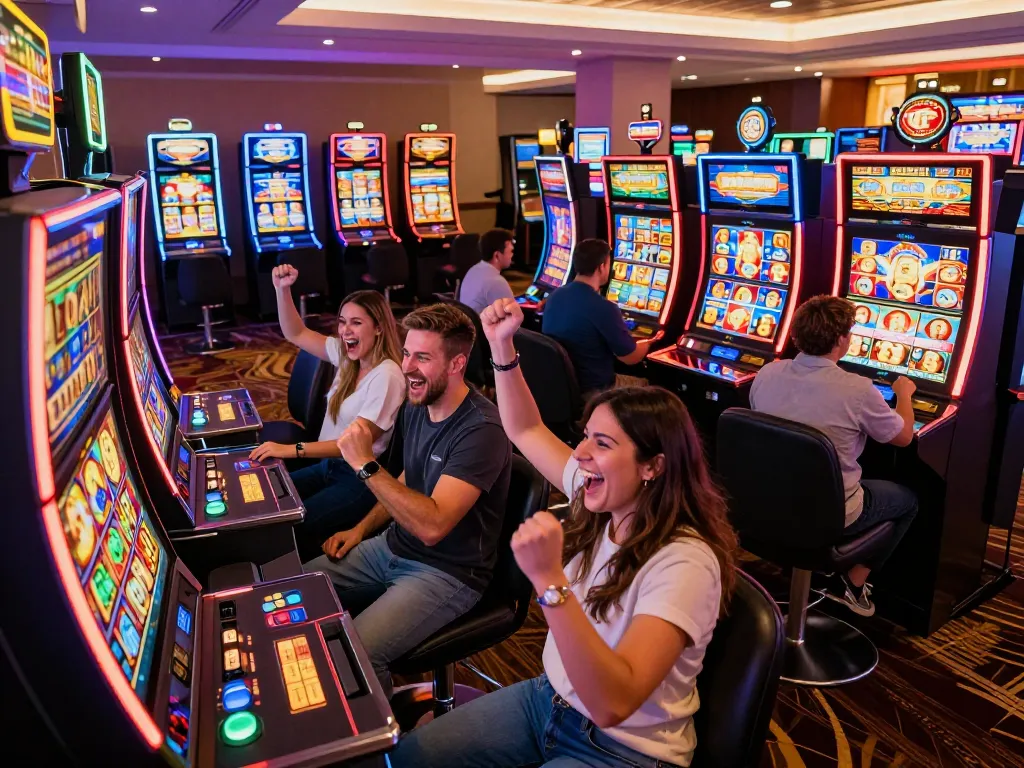 Players celebrate a big m88 slot win, vibrant gaming atmosphere with colorful lights and joyful reactions.
