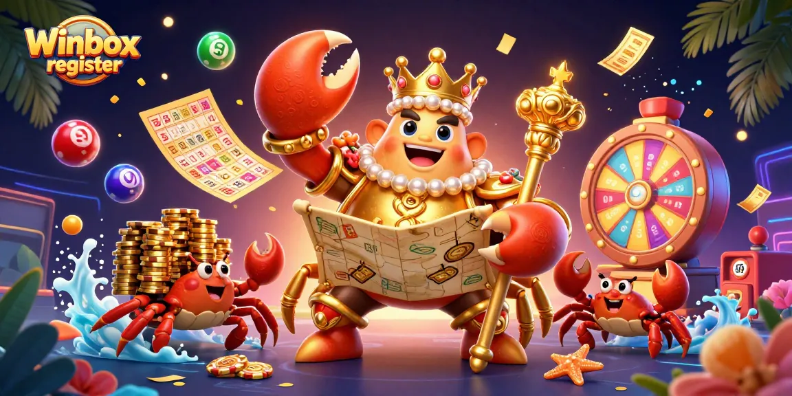 Spin and win with Winbox register in this vibrant 3D casino illustration featuring golden crab emperor and lottery elements.