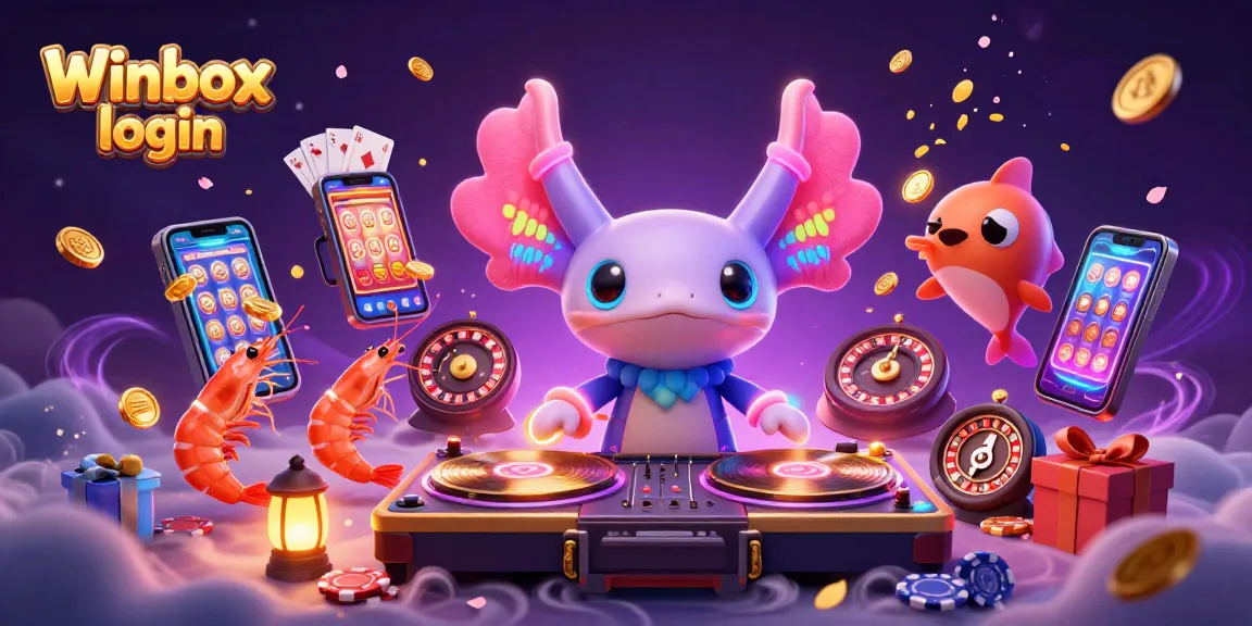Engage in exciting gaming with Winbox login, featuring vibrant 3D characters and dynamic casino elements.