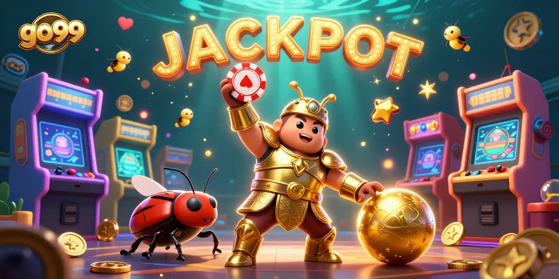 Go99's dynamic gambling world visualized with a victorious beetle and jackpot sign.