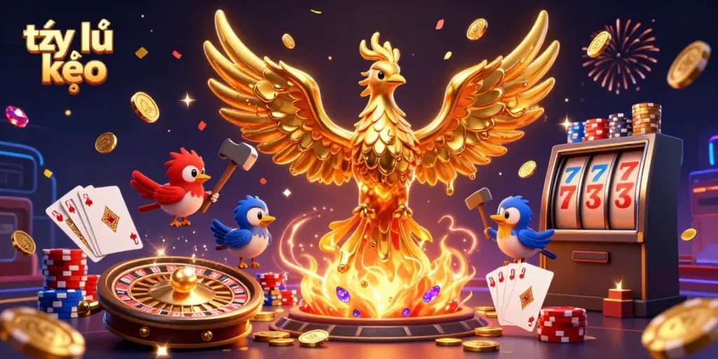 Experience the excitement of betting with tỷ lệ kèo, featuring golden phoenix and casino elements.