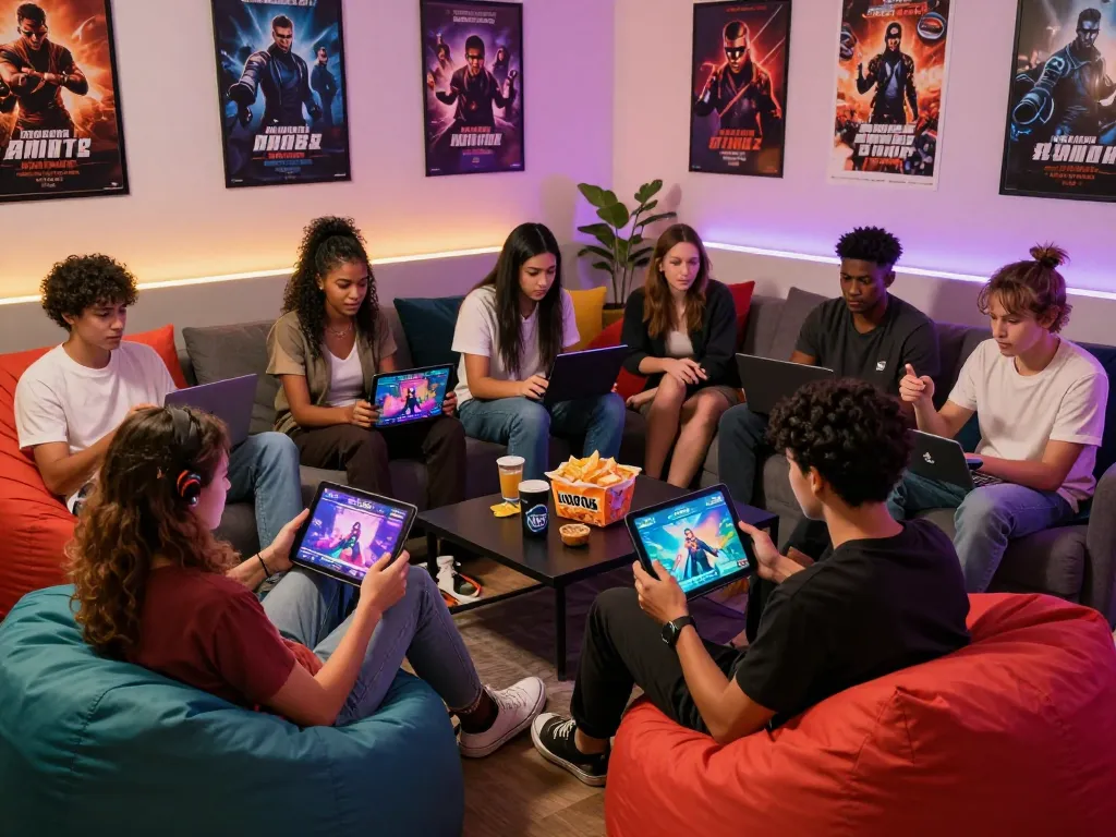 Friends enjoying engaging porno games in a vibrant gaming lounge, showcasing diverse experiences.
