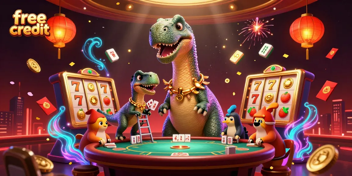 Experience free credit offers at top online casinos with exciting 3D illustration featuring playful characters.