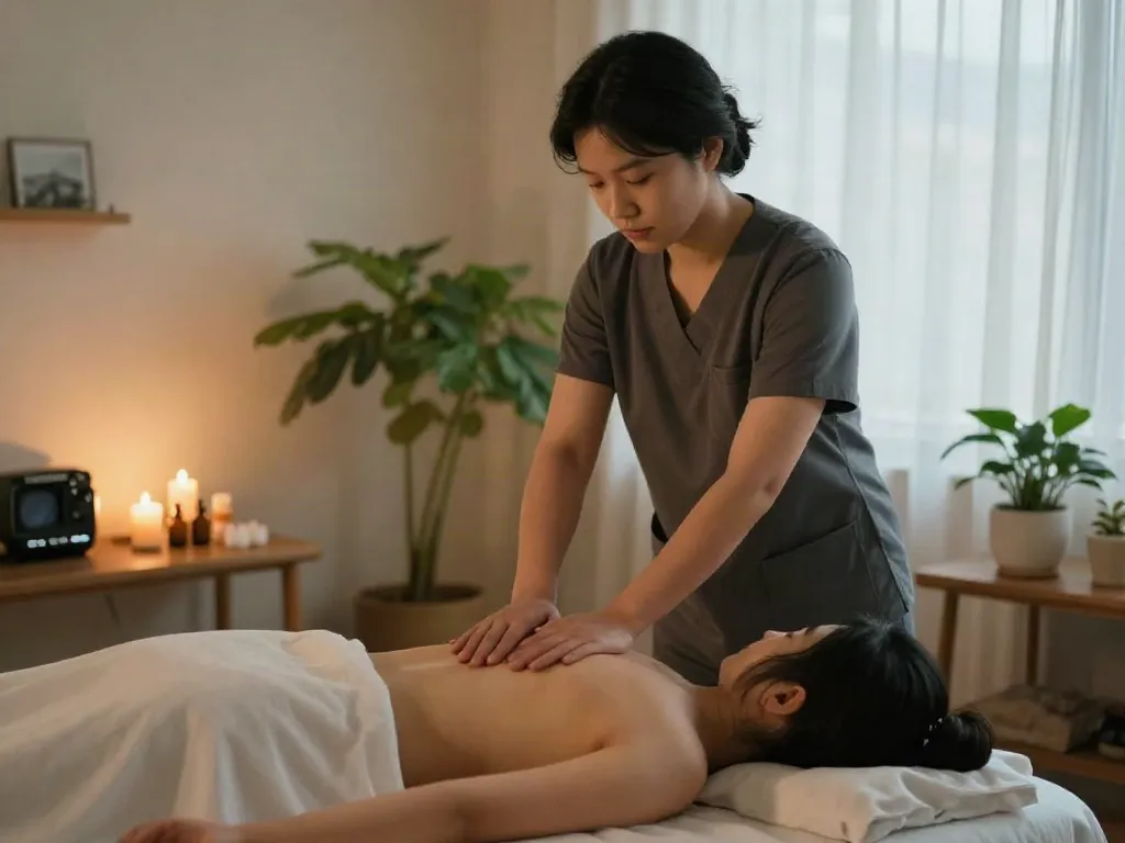 Professional therapist providing 서대문출장안마 in a serene home setting with warm lighting and essential oils.